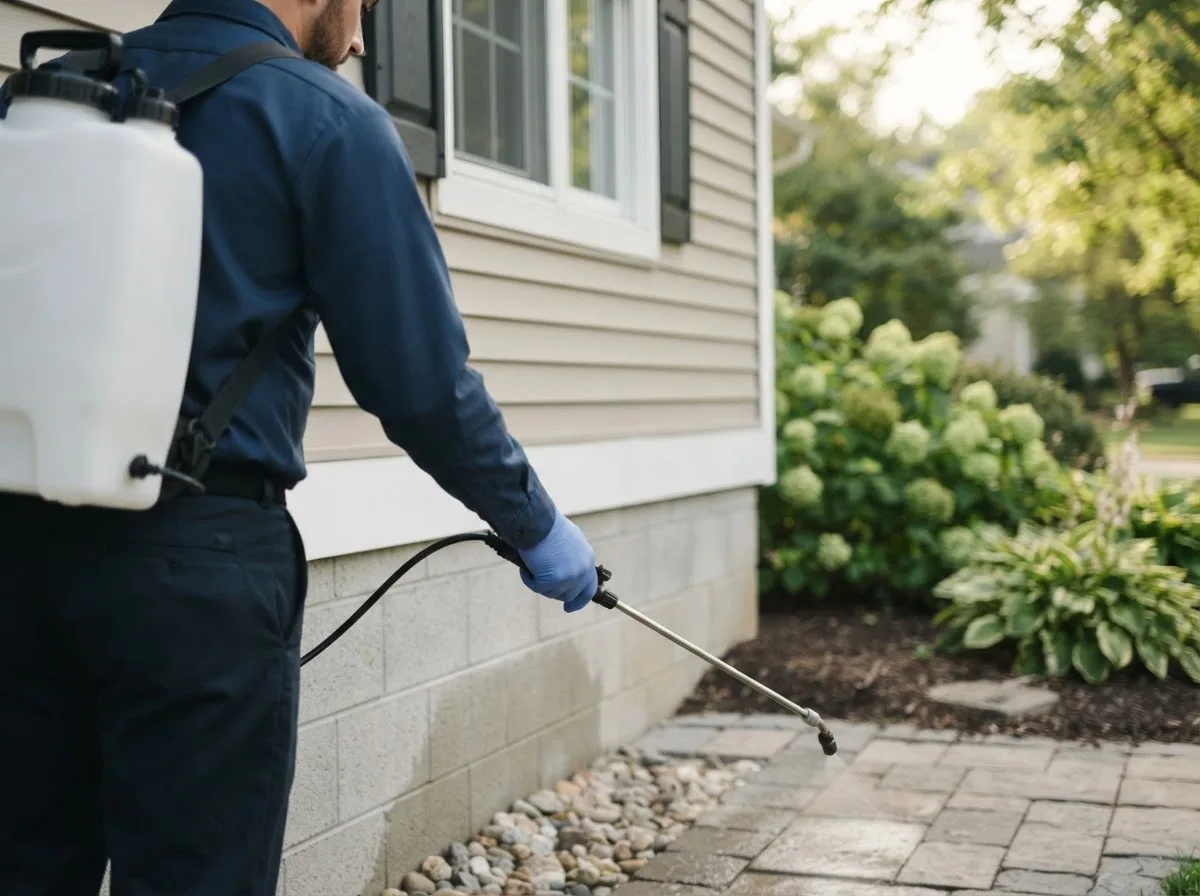 Pest control technician inspecting a home in Limestone, ME